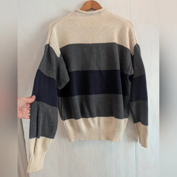 NAUTICA Women's Navy Gray & Cream Striped 100% Cotton Sweater Size Medium - Picture 8 of 10
